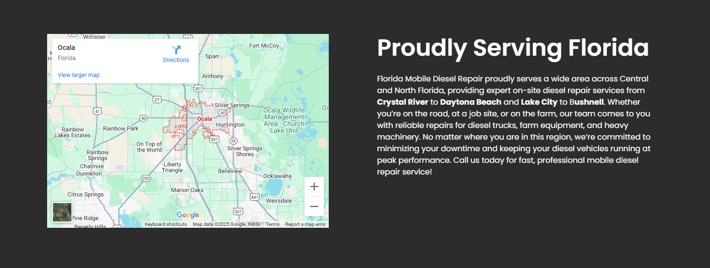 Florida Mobile Diesel service area centered on Ocala, Florida